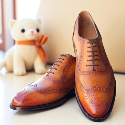 Crafted leather classic brown leather wingtip oxford dress shoes - Thumbnail 2