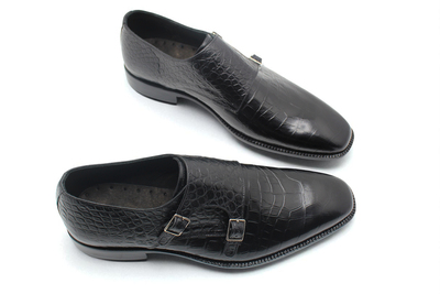 Crafted Leather Classic Men Black Crocodile Leather Monk Strap Dress Shoes