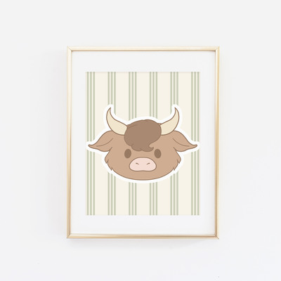 Highland cow on green stripes print - Thumbnail 1