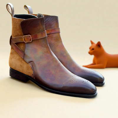 Crafted leather handmade denim brown suede patina leather jodhpur ankle high monk boots - Thumbnail 4