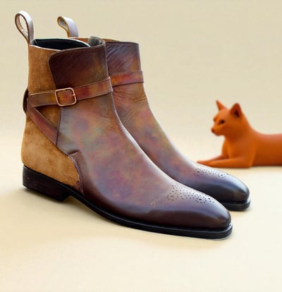 Crafted Leather Handmade Denim Brown Suede Patina Leather Jodhpur Ankle High Monk Boots