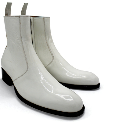 Crafted leather white patent leather ankle high side zipper jodhpur boot