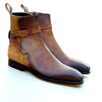 Crafted Leather Handmade Denim Brown Suede Patina Leather Jodhpur Ankle High Monk Boots - Thumbnail 1