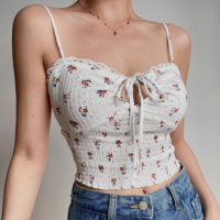 V-neck red floral hollow lace-up white camisole - Thumbnail 1