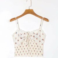 V-neck red floral hollow lace-up white camisole - Thumbnail 3