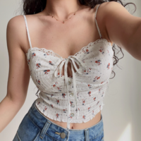 V-neck red floral hollow lace-up white camisole - Thumbnail 4