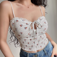 V-neck red floral hollow lace-up white camisole - Thumbnail 5