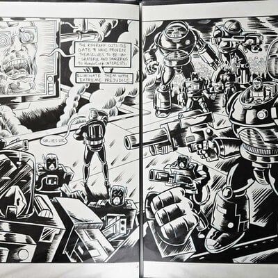 Tech noir double-page spread