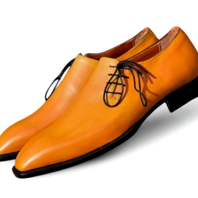 Crafted leather classic yellow leather side laces oxford dress shoes - Thumbnail 1