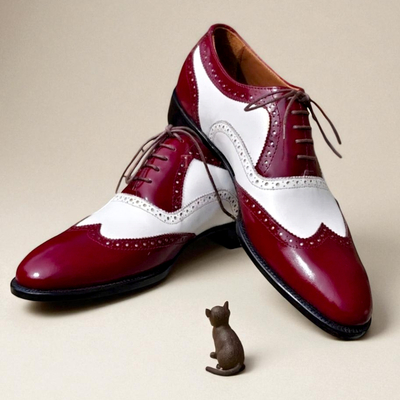Crafted leather classic burgundy white leather wingtip lace up oxford dress shoes - Thumbnail 2