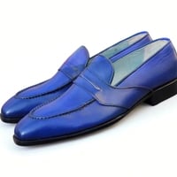Crafted Leather Classic Blue Leather Moccasin Loafers Dress Shoes - Thumbnail 2
