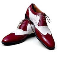 Crafted Leather Classic Burgundy White Leather Wingtip Lace up Oxford Dress Shoes - Thumbnail 1