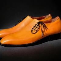 Crafted Leather Classic Yellow Leather Side Laces Oxford Dress Shoes - Thumbnail 3