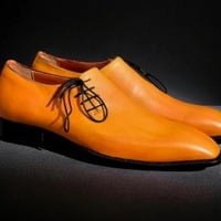 Crafted Leather Classic Yellow Leather Side Laces Oxford Dress Shoes - Thumbnail 4