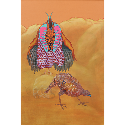 Endangered western tragopan pheasant full mating ritual display