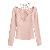 Lace patchwork halter neck long-sleeved bottoming shirt sexy V-neck waist slimming T-shirt - Thumbnail 1