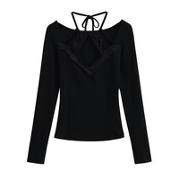 Lace patchwork halter neck long-sleeved bottoming shirt sexy V-neck waist slimming T-shirt - Thumbnail 3