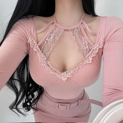 Lace patchwork halter neck long-sleeved bottoming shirt sexy v-neck waist slimming t-shirt