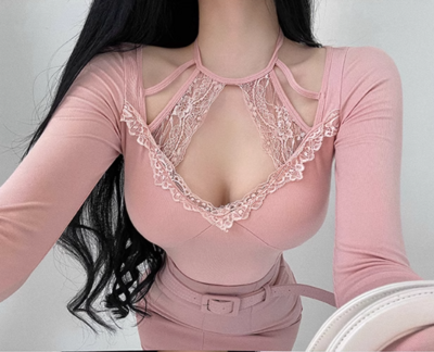Lace patchwork halter neck long-sleeved bottoming shirt sexy V-neck waist slimming T-shirt