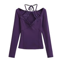 Lace patchwork halter neck long-sleeved bottoming shirt sexy V-neck waist slimming T-shirt - Thumbnail 4