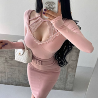 Lace patchwork halter neck long-sleeved bottoming shirt sexy V-neck waist slimming T-shirt - Thumbnail 5