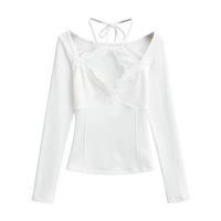 Lace patchwork halter neck long-sleeved bottoming shirt sexy V-neck waist slimming T-shirt - Thumbnail 8