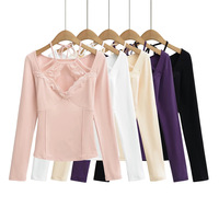 Lace patchwork halter neck long-sleeved bottoming shirt sexy V-neck waist slimming T-shirt - Thumbnail 9