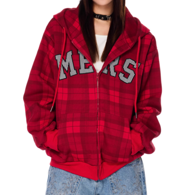 American retro plaid hooded long-sleeved cardigan sweatshirt