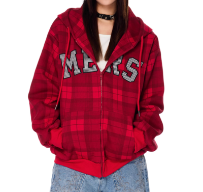 American retro plaid hooded long-sleeved cardigan sweatshirt