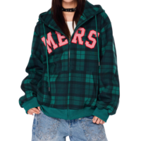 American retro plaid hooded long-sleeved cardigan sweatshirt - Thumbnail 8