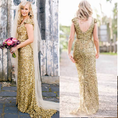 Gold Sequins V Neck V Back Wedding Dresses 