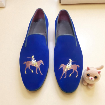 Crafted leather classic men blue velvet loafers moccasin dress shoes