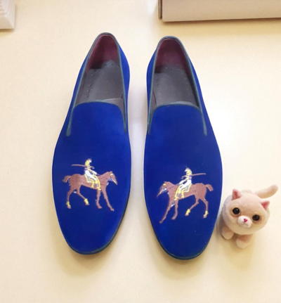 Crafted Leather Classic Men Blue Velvet Loafers Moccasin Dress Shoes