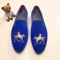 Crafted Leather Classic Men Blue Velvet Loafers Moccasin Dress Shoes - Thumbnail 1