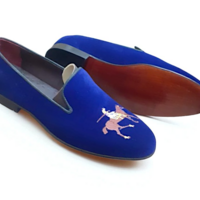 Crafted Leather Classic Men Blue Velvet Loafers Moccasin Dress Shoes - Thumbnail 2