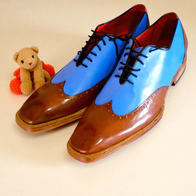 Crafted leather classic men brown blue leather wingtip oxford dress shoes - Thumbnail 1