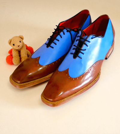 Crafted Leather Classic Men Brown Blue Leather Wingtip Oxford Dress Shoes