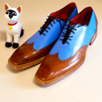 Crafted Leather Classic Men Brown Blue Leather Wingtip Oxford Dress Shoes - Thumbnail 1