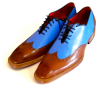 Crafted Leather Classic Men Brown Blue Leather Wingtip Oxford Dress Shoes - Thumbnail 2