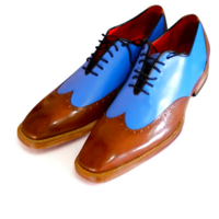 Crafted Leather Classic Men Brown Blue Leather Wingtip Oxford Dress Shoes - Thumbnail 3