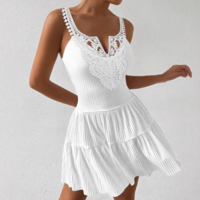 Lace V-Neck Sleeveless Ruffle Edge Dress - Thumbnail 2