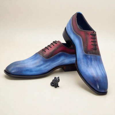 Crafted Leather Classic Men Blue Patina Shaded Red Leather Oxford Lace up Dress Shoes