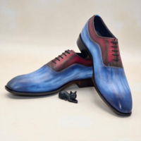 Crafted Leather Classic Men Blue Patina Shaded Red Leather Oxford Lace up Dress Shoes - Thumbnail 2