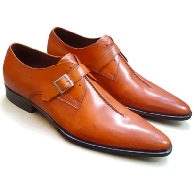 Crafted leather classic men brown leather pointed toe monk strap dress shoes - Thumbnail 2