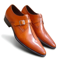 Crafted Leather Classic Men Brown Leather Pointed Toe Monk Strap Dress Shoes - Thumbnail 4
