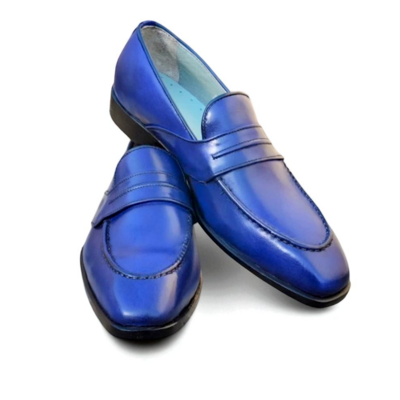 Crafted leather classic blue leather moccasin loafers dress shoes - Thumbnail 2