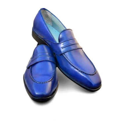 Crafted Leather Classic Blue Leather Moccasin Loafers Dress Shoes