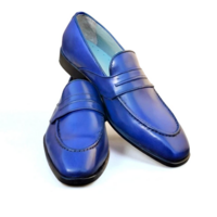 Crafted Leather Classic Blue Leather Moccasin Loafers Dress Shoes - Thumbnail 3
