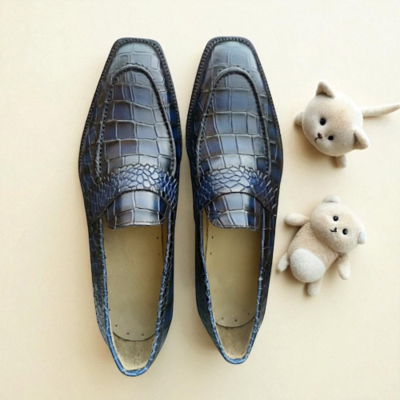 Crafted Leather Classic Blue Crocodile/Alligator Leather Loafers Dress Shoes