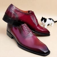 Crafted Leather Classic Burgundy Patina Leather Formal Oxford Lace up Dress Shoes - Thumbnail 1
